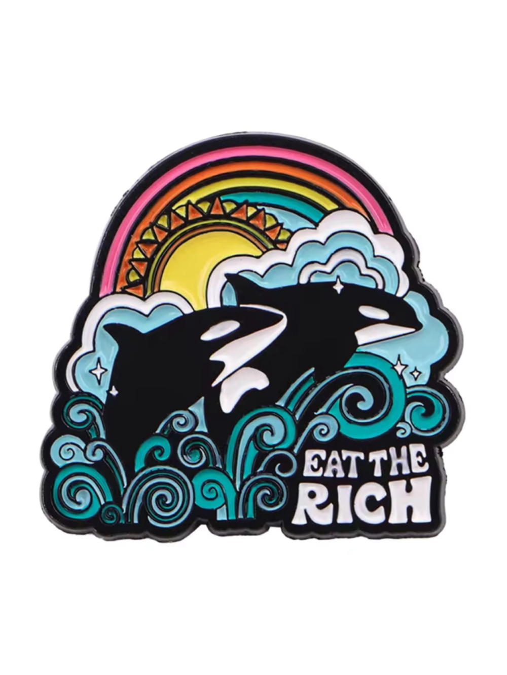 Eat The Rich Killer Whale Enamel Pin – Rainbow Orca Ocean Pin
